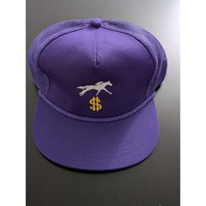 Vtg Horse Jockey Dollar Sign Racer Snapback Hat Mesh Trucker Purple OSFM Yupoong